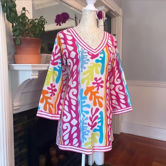 GRETCHEN SCOTT DESIGNS 100% Cotton Multi Color Leaf Print Split Neck Tunic Sz XS - Picture 1 of 12